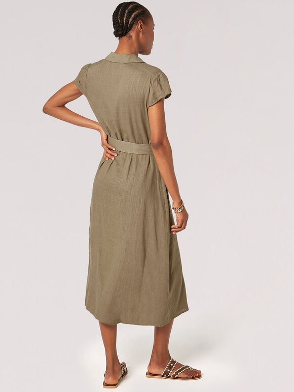 Linen Blend Belted Shirt Midi Dress, Khaki, large