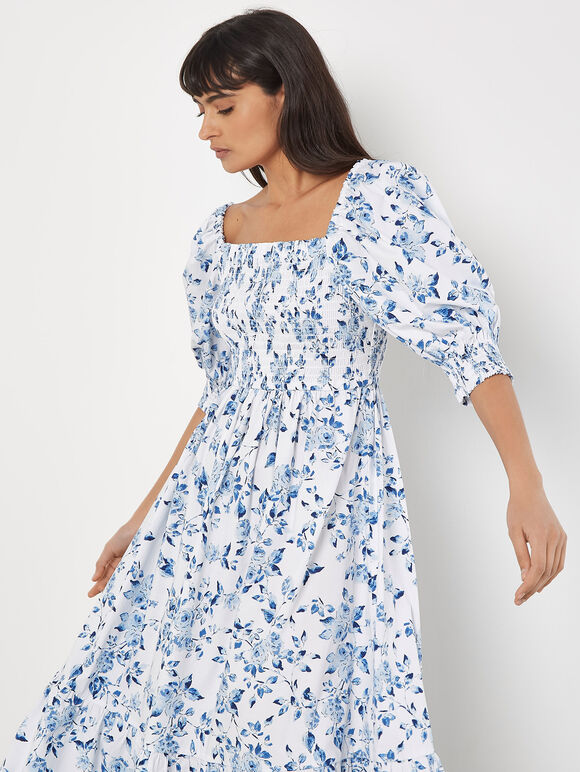 Rose Cotton Milkmaid Midaxi Dress, Blue, large