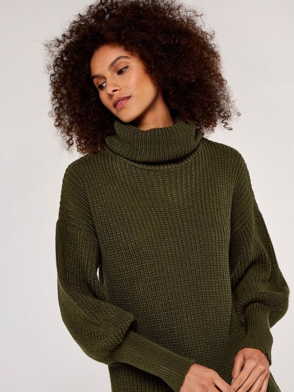 Cowl Neck Jumper Dress, Khaki, large