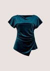 Asymmetric Ruched Velvet Top, Teal, large