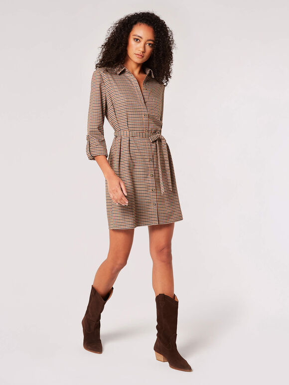 Check Shirt Mini Dress, Brown, large