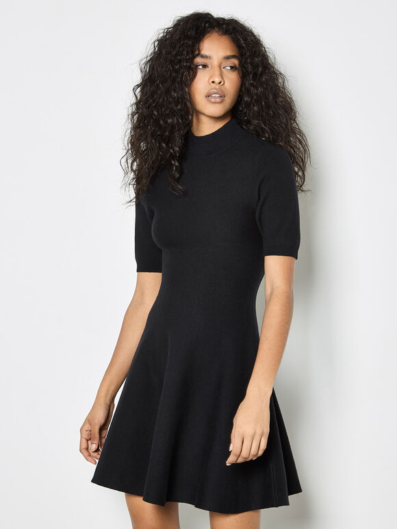 Fit And Flare Ribbed Knit Mini Dress, Black, large