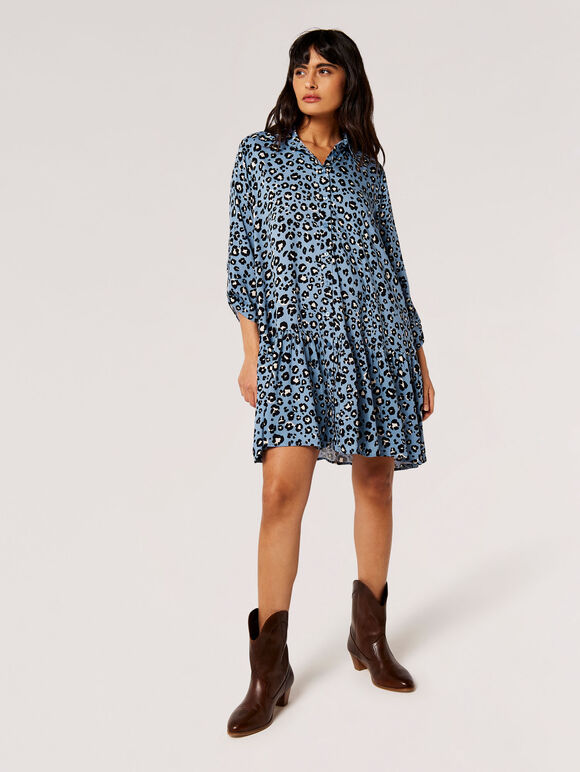 Leopard Print Swing Shirt Mini Dress, Blue, large
