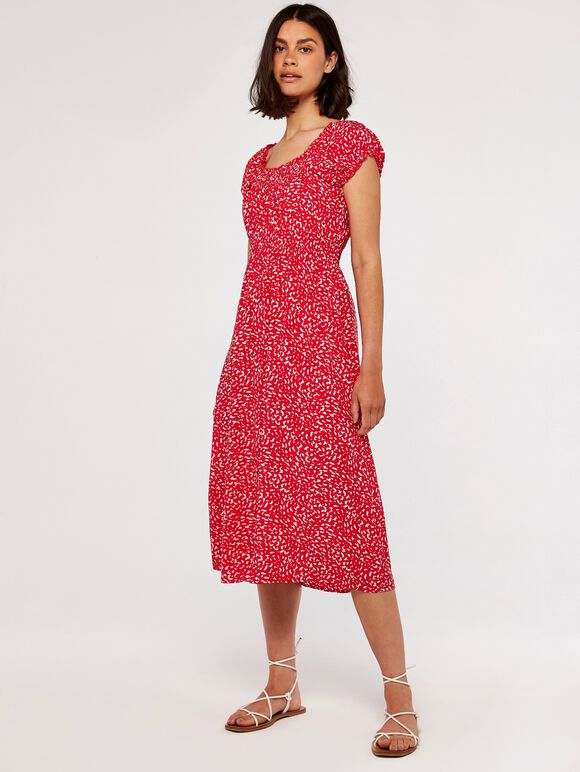 Brush Spot Milkmaid Midi Dress, Red, large