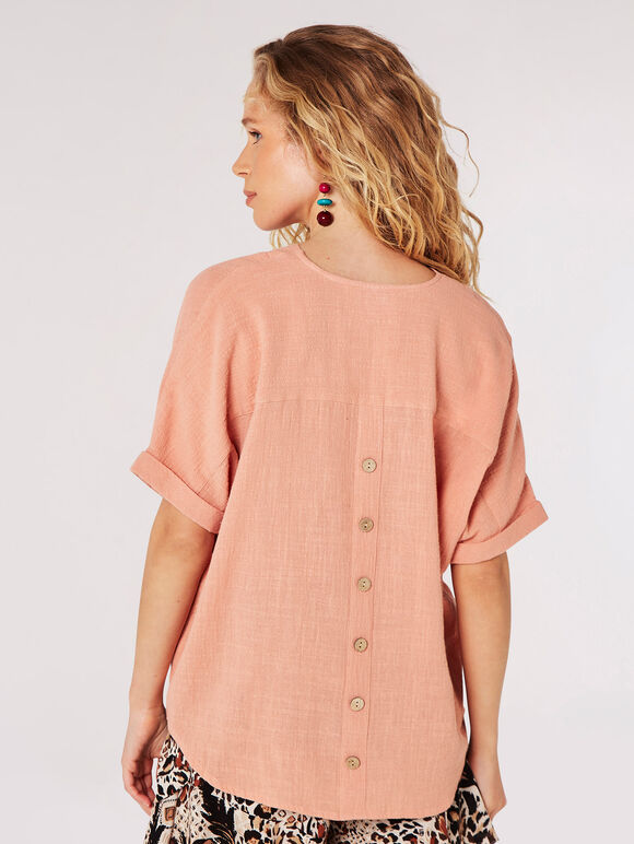 Back Button Detail Oversized Blouse, Coral, large