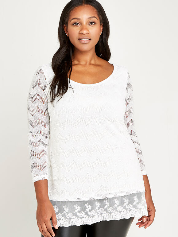 Lace Trim Tunic Top+, Cream, large