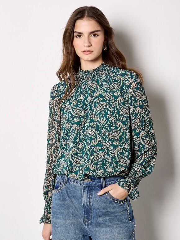 Paisley Print Chiffon Top, Green, large