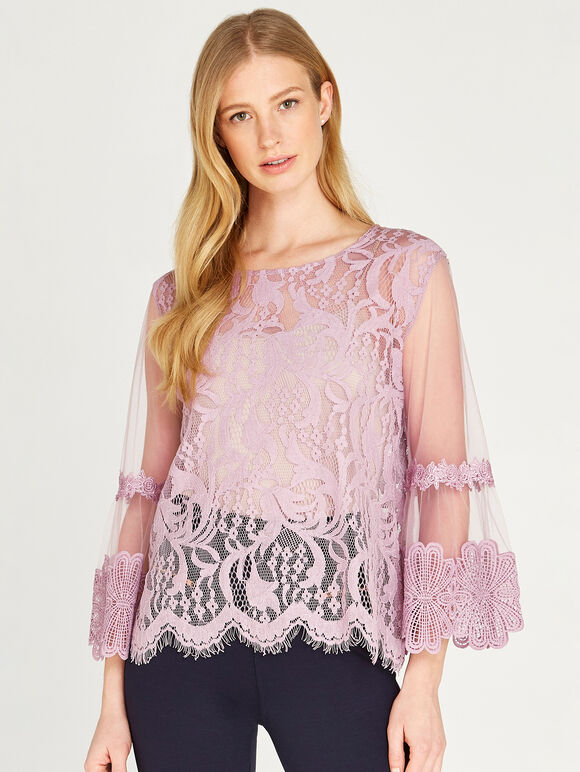 Corded Lace Bell Sleeve Top, Lilac, large