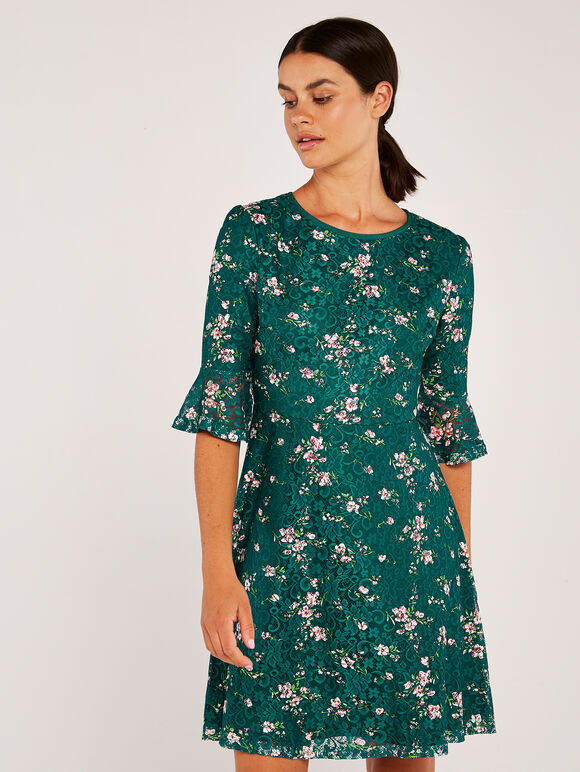  Blossom Lace Bell Sleeve Skater Dress, Green, large