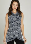 Cowl Neck Lace Print Wrap Tunic Top, Navy, large