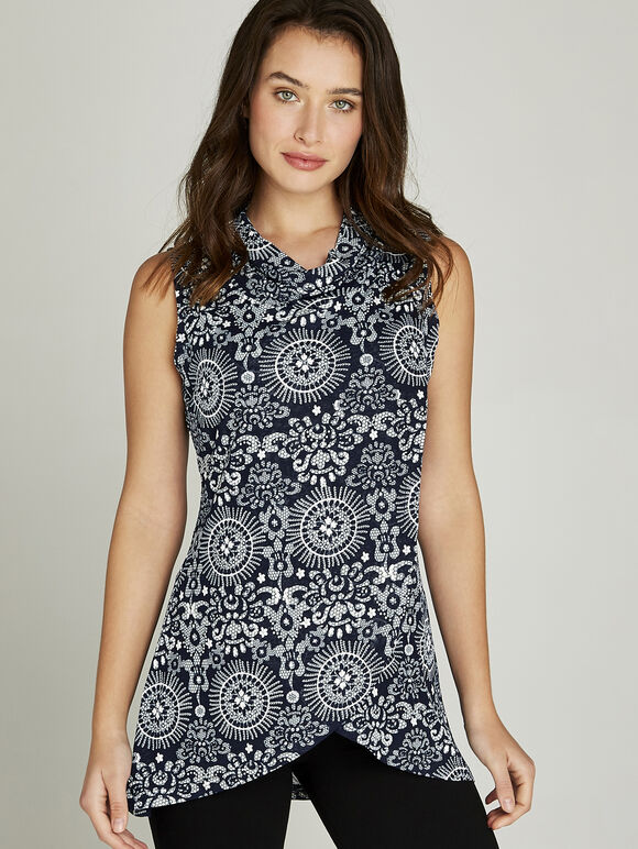 Cowl Neck Lace Print Wrap Tunic Top, Navy, large