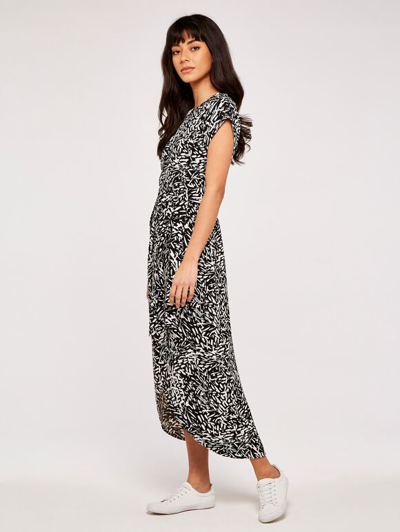 Abstract Print Crepe Wrap Dress, Black, large
