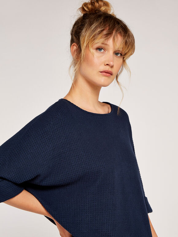 Soft-Touch Batwing Waffle Knit Top, Navy, large