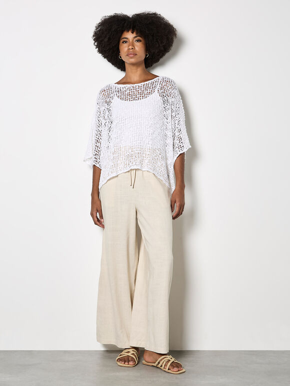 Mesh Popcorn Knit Kaftan Top, White, large