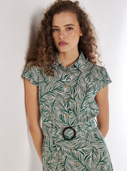 Leaf Print Shirt Midi Dress