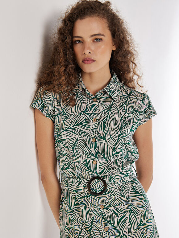 Leaf Print Shirt Midi Dress, Green, large