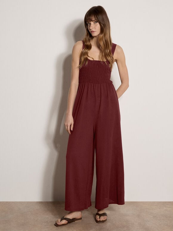 Wide-Leg Jersey Jumpsuit, Burgundy, large