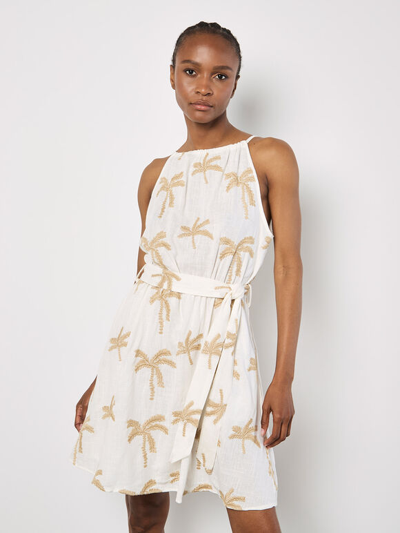 Embroidered Palms Minii Dress, Cream, large
