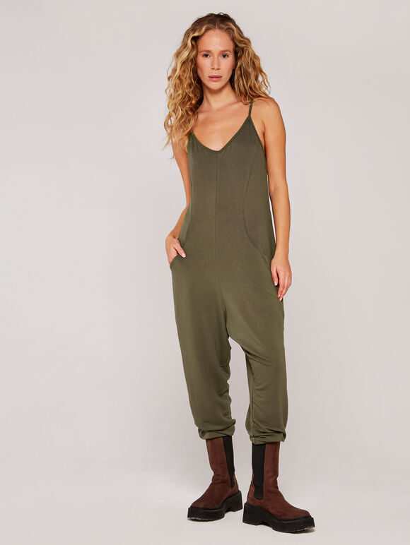 Sweatshirt Strappy Jumpsuit, Khaki, large