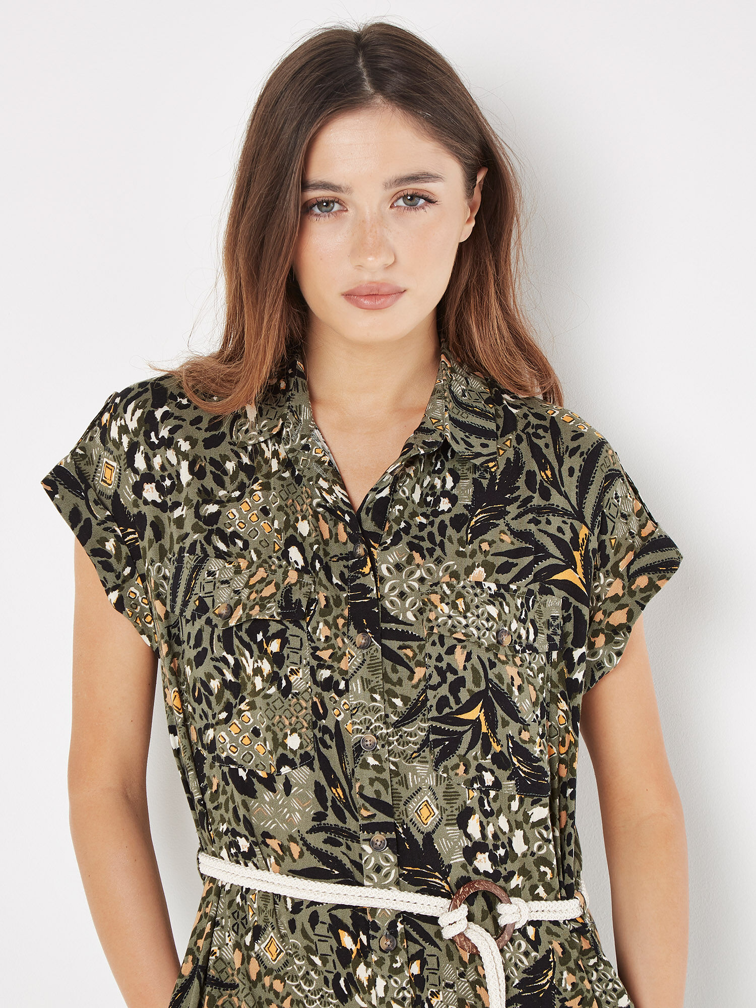 Mixed Animal Print Shirt Midi Dress Apricot Clothing