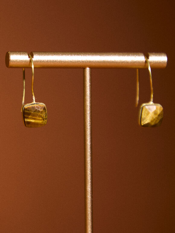 Square Stone Earrings, Brown, large