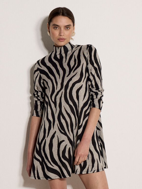 Zebra Print Swing Mini Dress, Stone, large