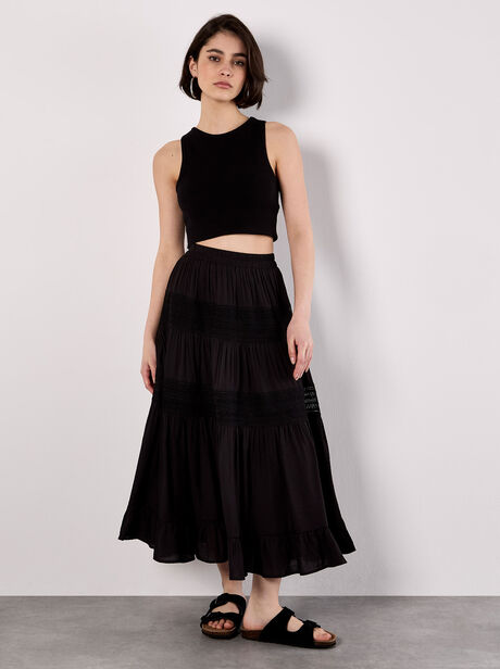 Crochet Panel Tiered Midi Skirt