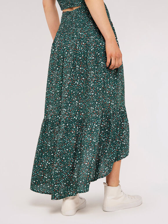 Ditsy Shirred Maxi Skirt, Green, large