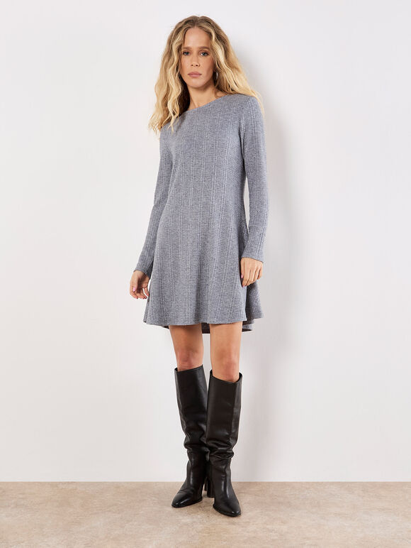 Waffle Knit Swing Mini Dress, Grey, large