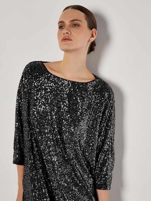 Sequin Cocoon Midi Dress, Dark Grey - Charcoal, large