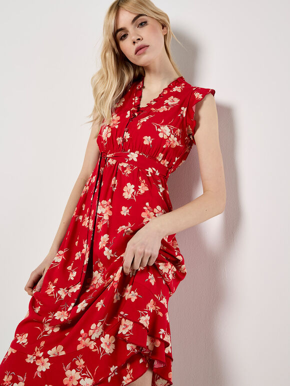 Painterly Floral Midi Dress, Red, large