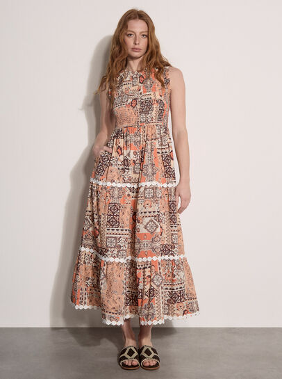 Patchwork Scarf Smocked Maxi Dress