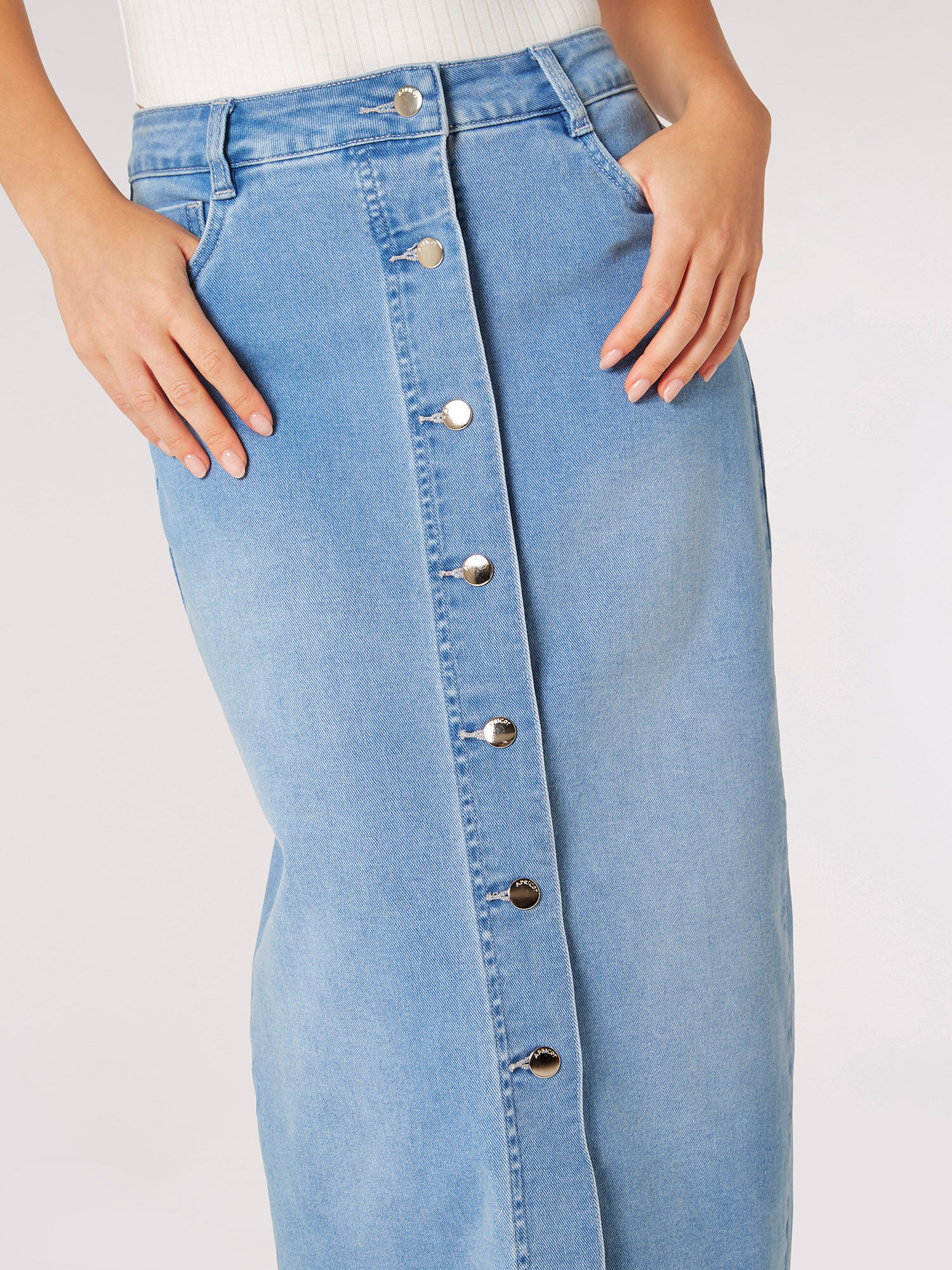 Button Down Denim Midi Skirt Apricot Clothing