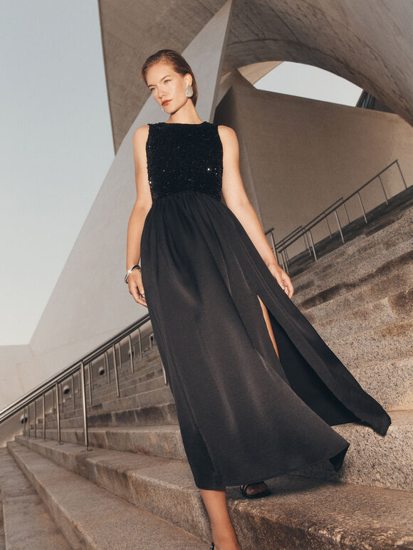 Velvet Sequin Bodice Midi Dress, Black, large