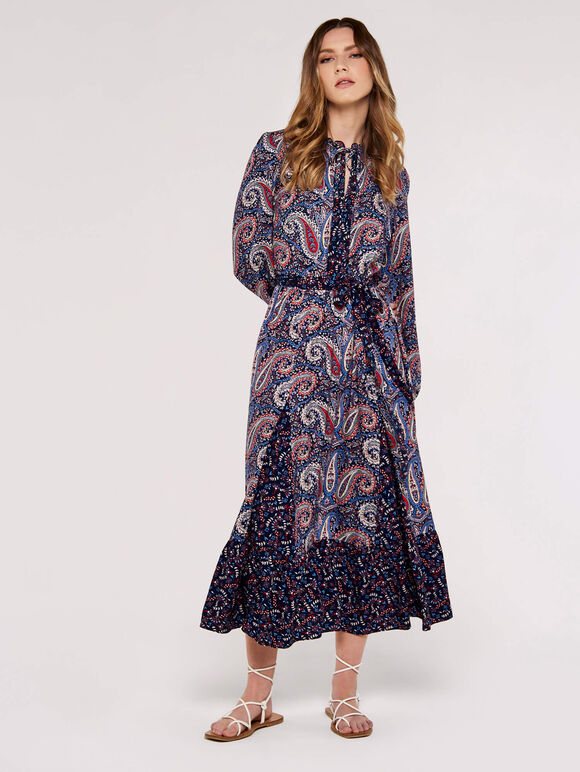 Paisley Mix-Match Midi Dress, Navy, large
