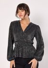 Metallic Spot Plisse Peplum Wrap Top, Black, large