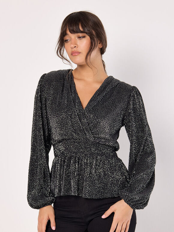Metallic Spot Plisse Peplum Wrap Top, Black, large