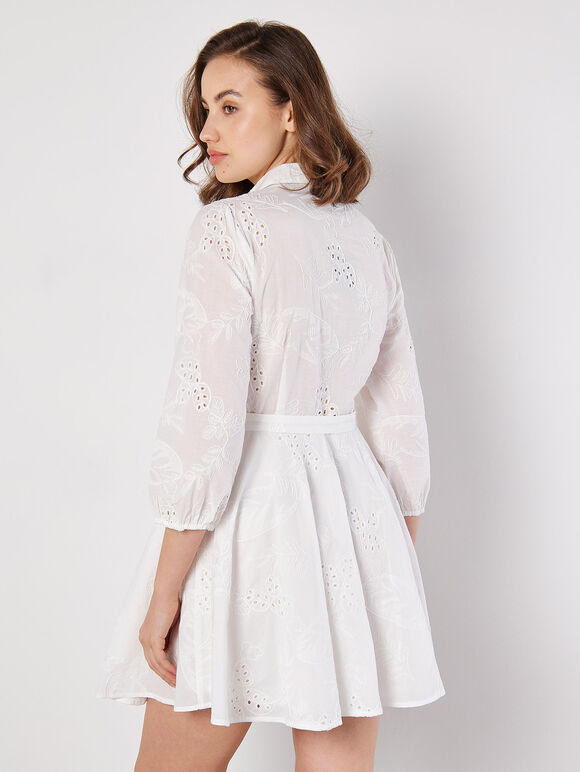 Tropical Embroidered Shirt Mini Dress, White, large