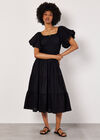 Puff Sleeve Tiered Midi Dress, Black, large
