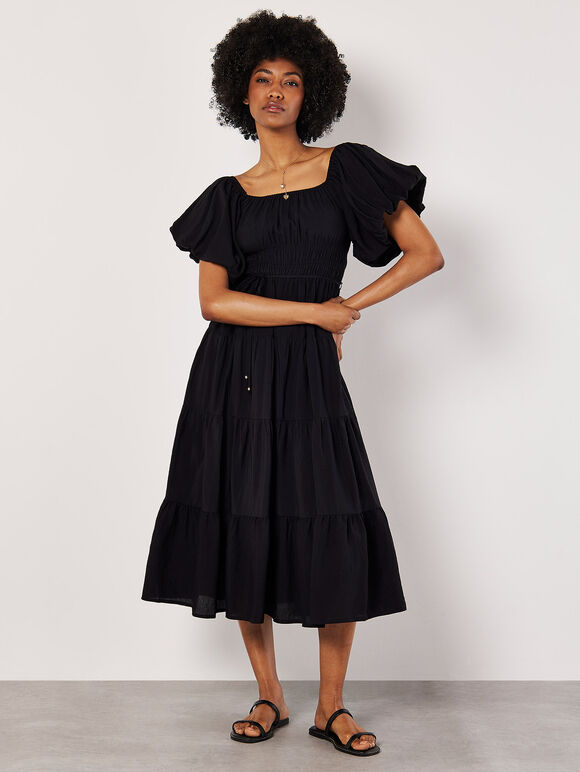 Puff Sleeve Tiered Midi Dress, Black, large