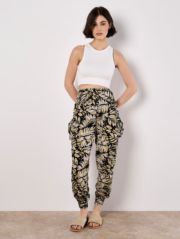 Tropical Leaf Print Tapered Joggers, Navy, large