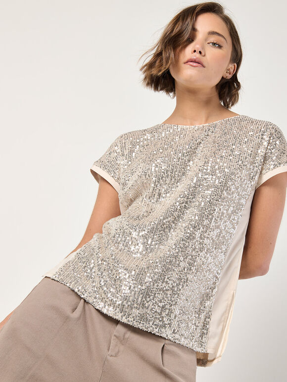 Sequin Embellished T-Shirt, Stone, large