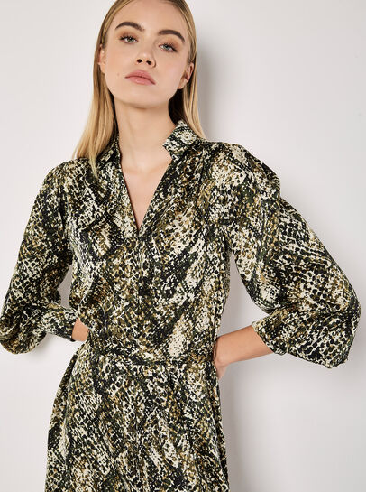 Snakeskin Print Satin Shirt Midi Dress