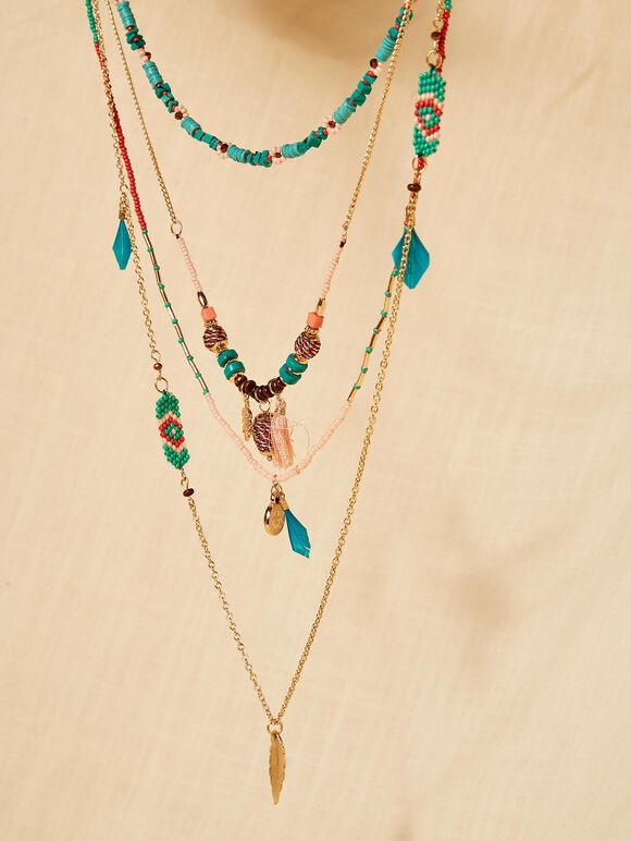 Turq feathered necklace, Assorted, large
