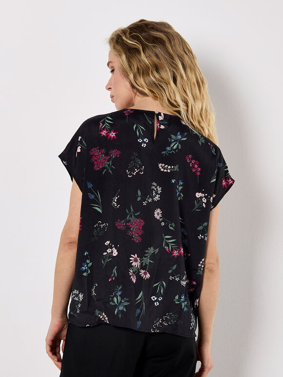 Botanical Floral Print Woven T-Shirt, Black, large