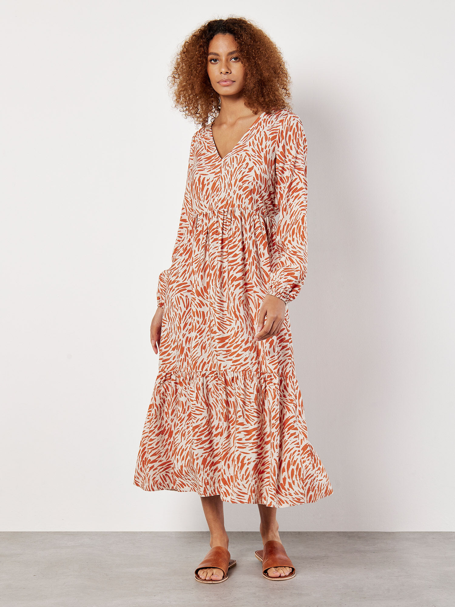 Abstract Animal Print Textured Midi Dress Apricot Clothing