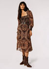 Scarf Print Milkmaid Midi Dress, Rust, large
