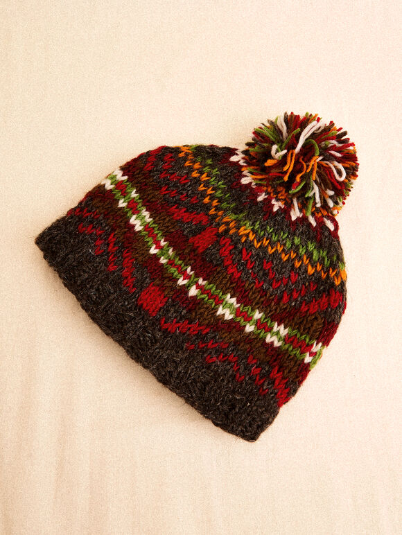 Hand-Knitted Stripe Beanie Hat, Assorted, large