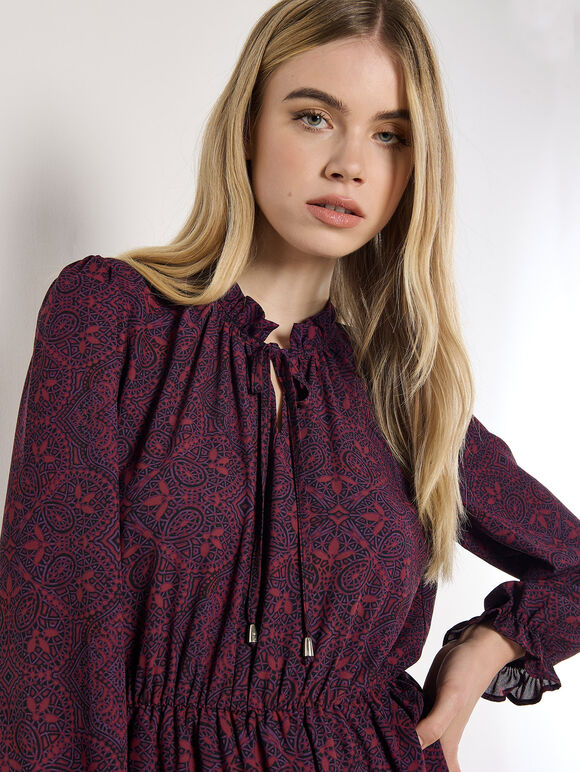 Mosaic Print Chiffon Maxi Dress, Burgundy, large