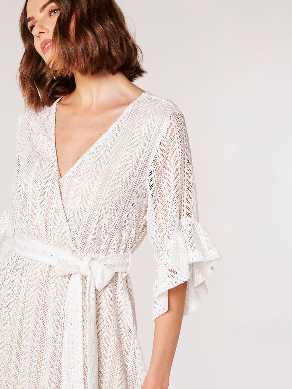 Lace Ruffle Wrap Midi Dress, Cream, large